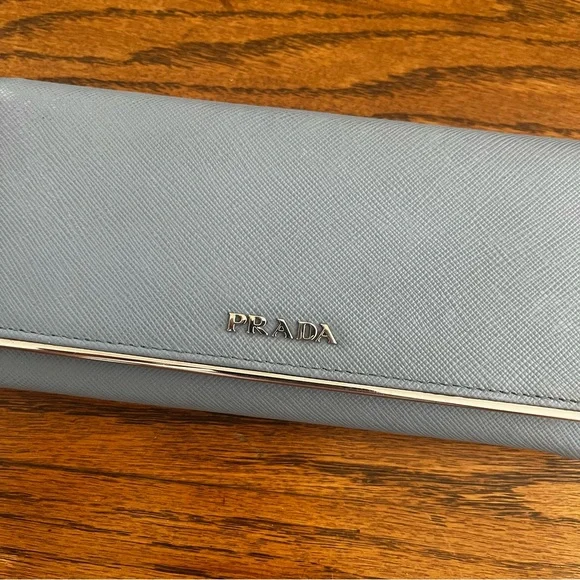 Prada Saffiano Leather Light Blue Metal Flap Bar Continental Wallet - Picture 2 of 13